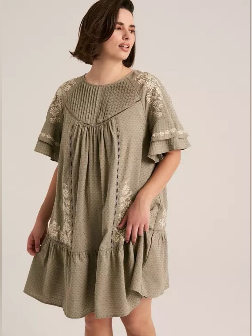 Torrid x Festi Olive Green Embroidered Ruffle Sleeve Dress